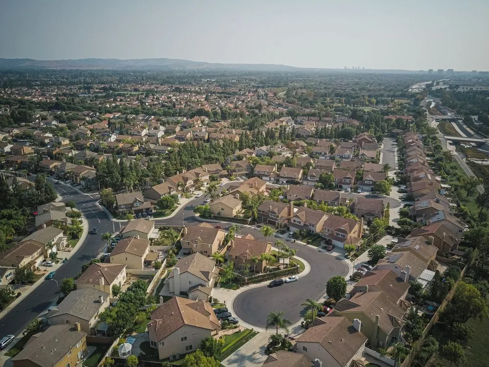 Aerial drone view of a residential real estate development